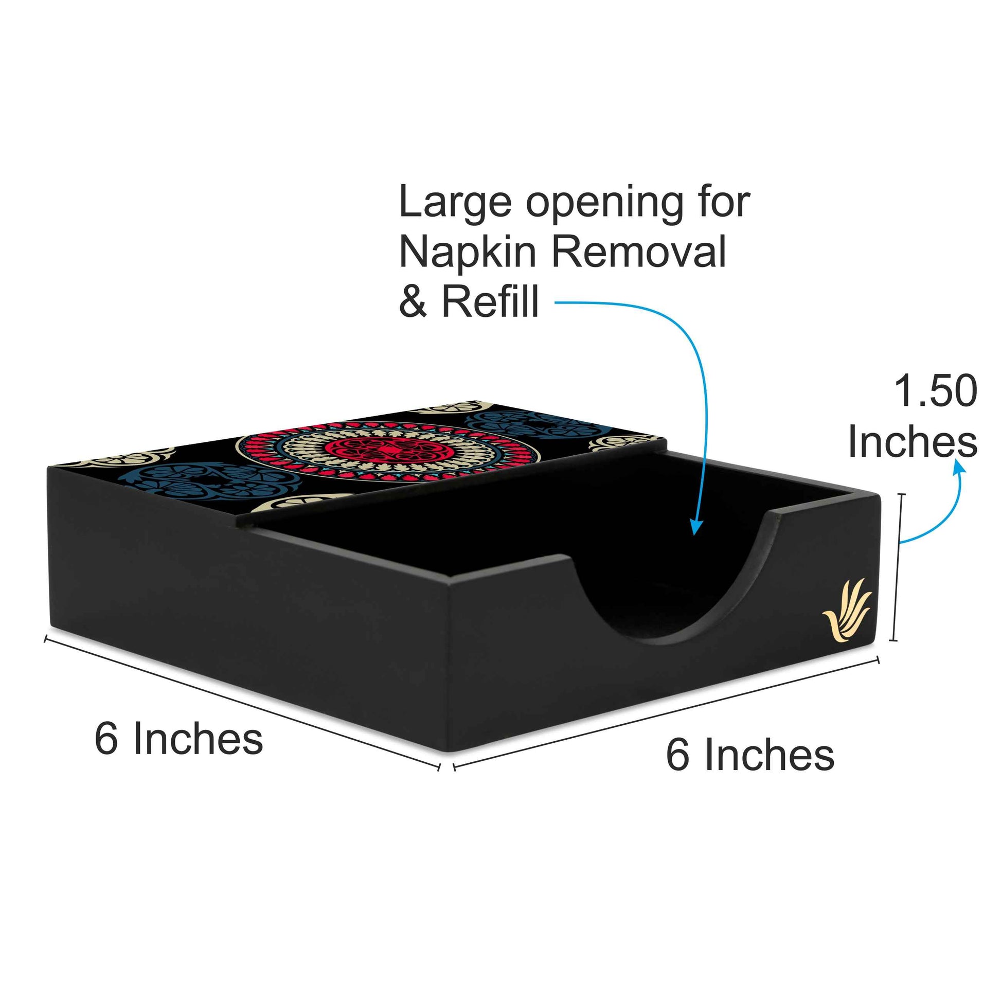 Black Mandala Tissue Holder 6" x 6" x 1.5" Ht. - Dimension Image