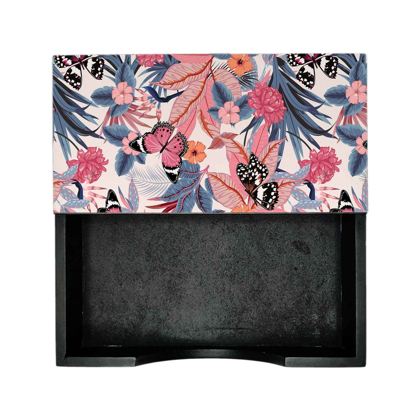 Grey Pink Butterflies Tissue Holder 6" x 6" x 1.5" Ht. - Design Image