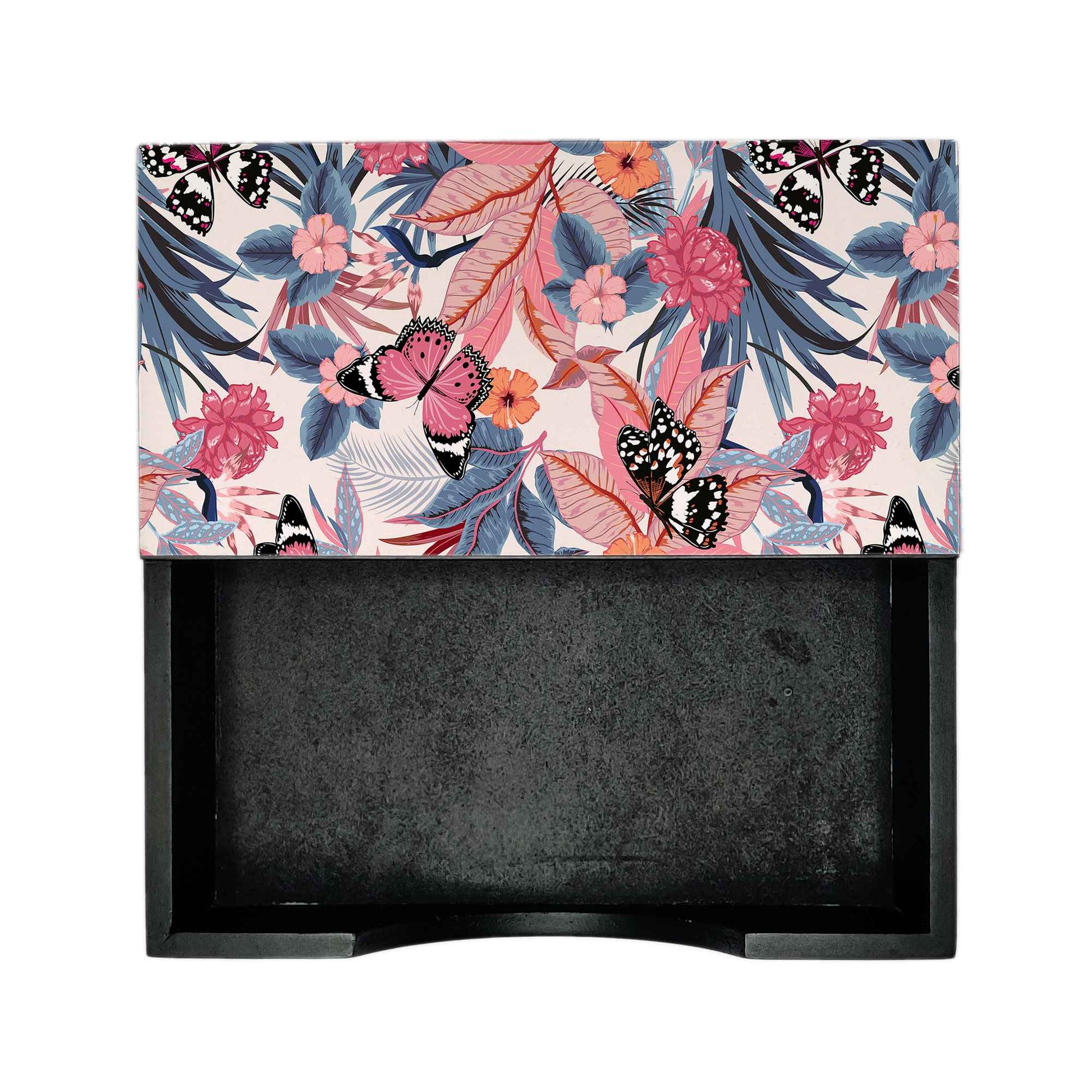 Grey Pink Butterflies Tissue Holder 6" x 6" x 1.5" Ht. - Design Image