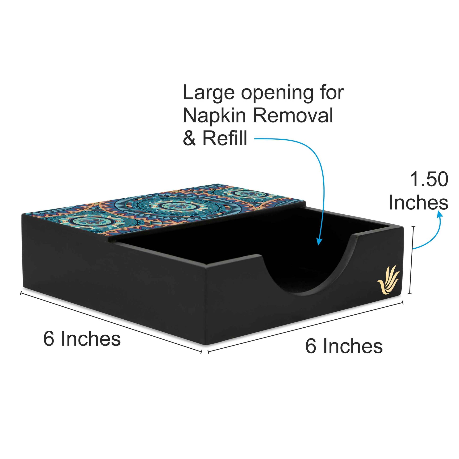 Blue Mandala Tissue Holder 6" x 6" x 1.5" Ht. - Dimension Image
