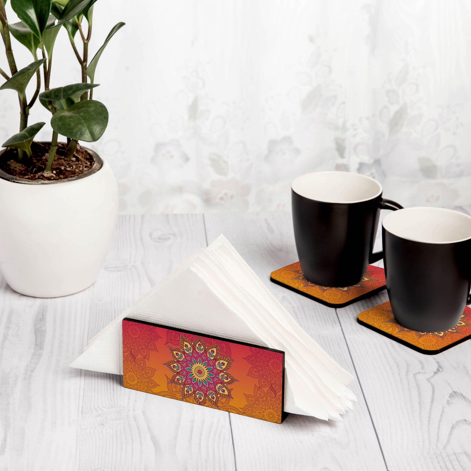Orange Mandala Tissue Stand 1.5" x 5.5" x 2.5" - Lifestyle Image