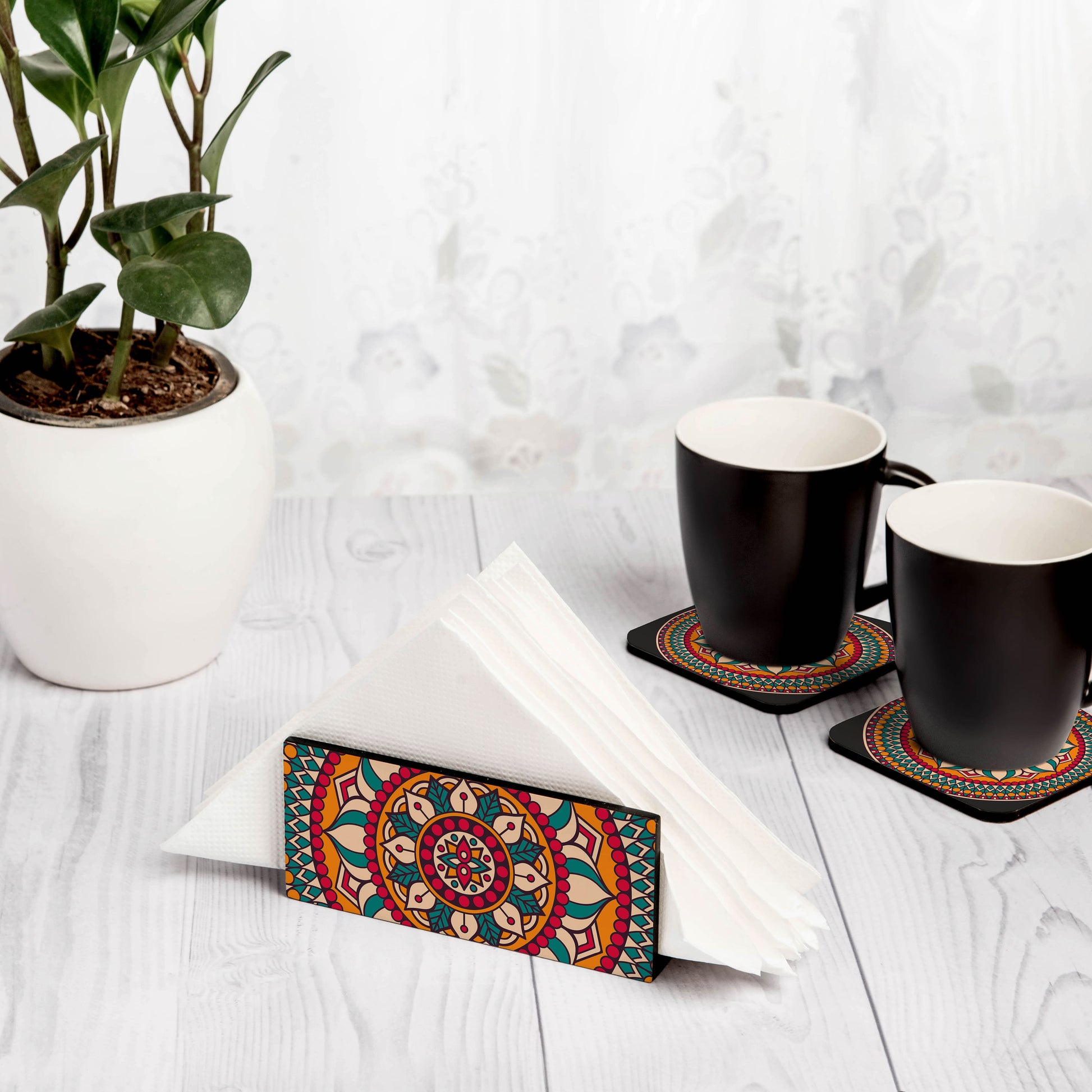 Red Mandala Tissue Stand 1.5" x 5.5" x 2.5" - Lifestyle Image