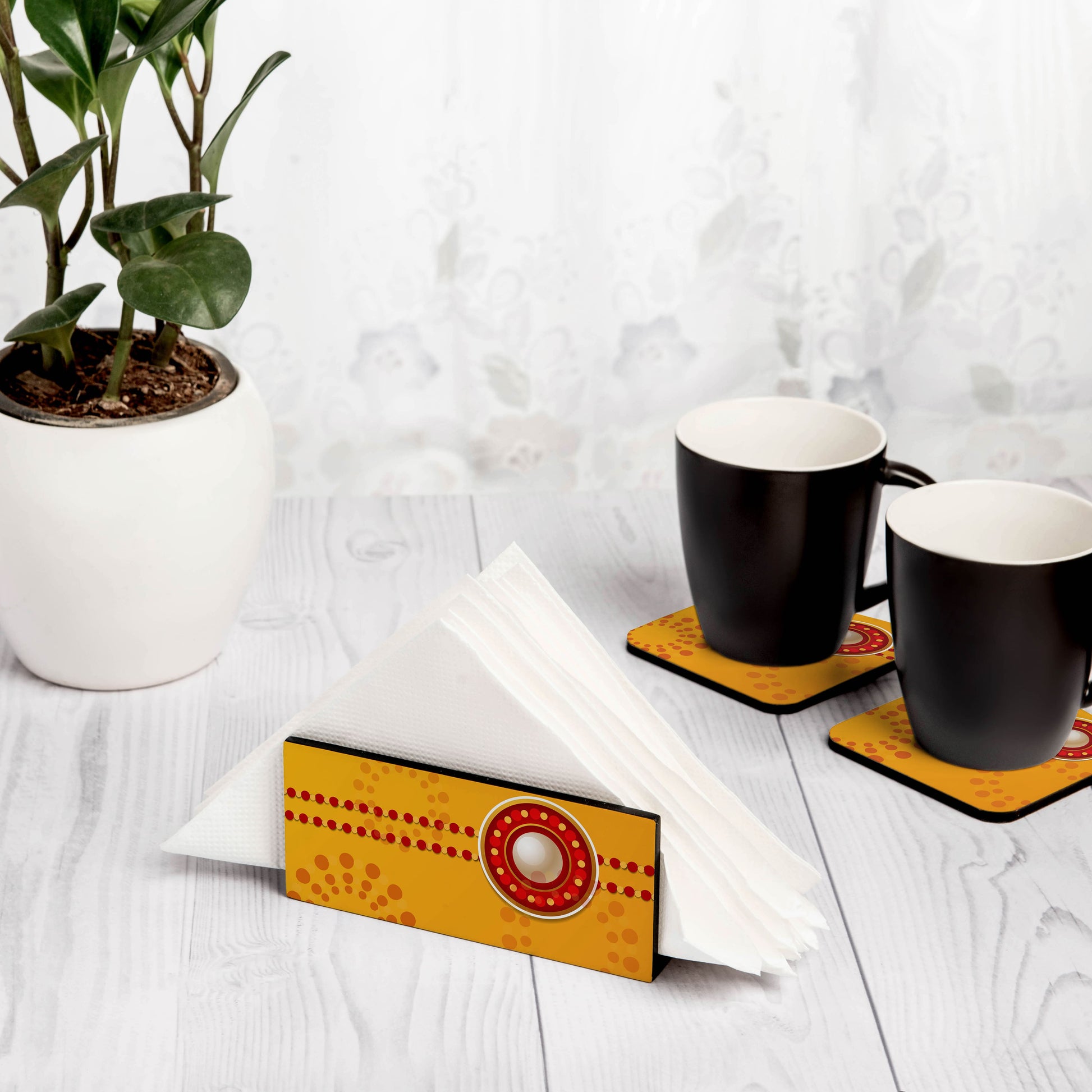 Yellow Raksha Tissue Stand 1.5" x 5.5" x 2.5" - Lifestyle Image