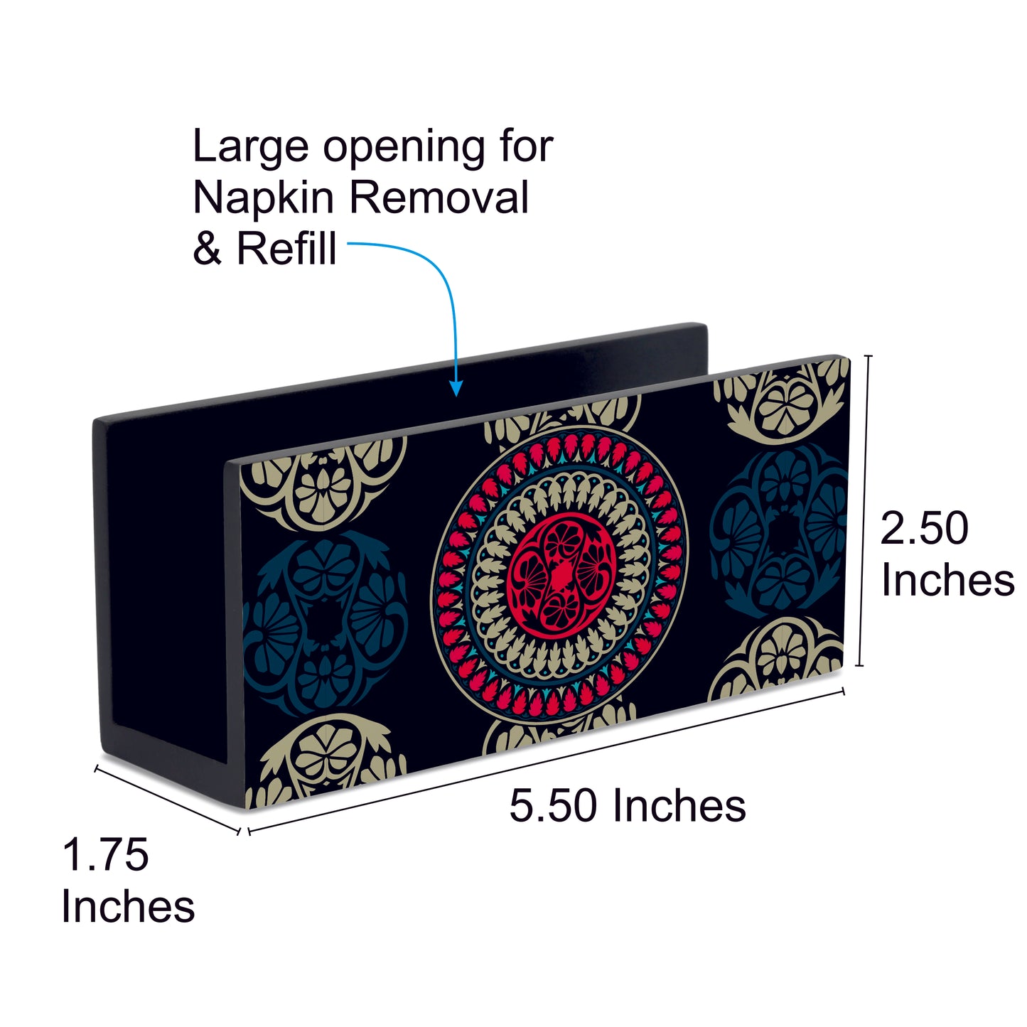 Black Mandala Tissue Stand 1.5" x 5.5" x 2.5" - Dimension Image