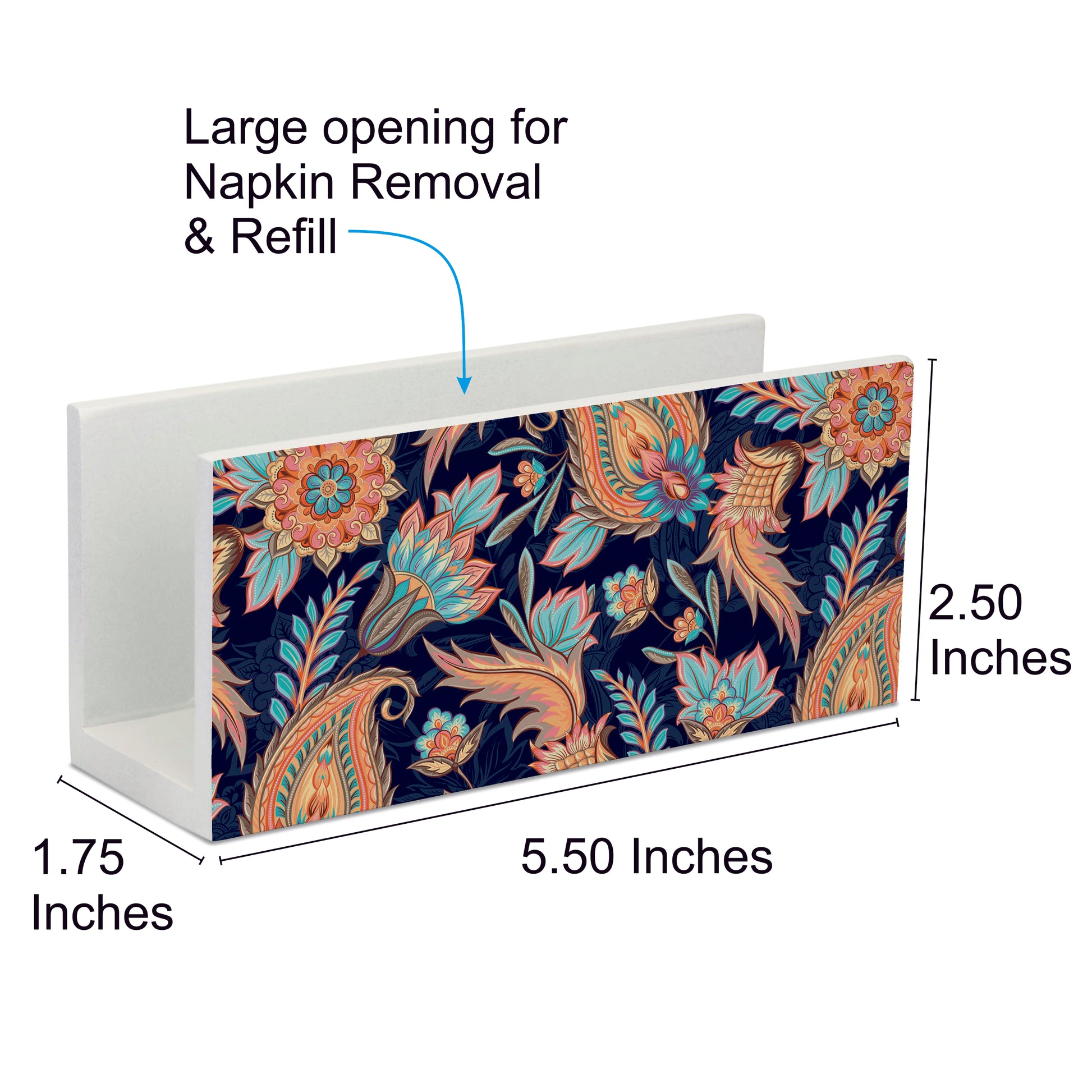 Oriental Paisley Navy Tissue Stand 1.5" x 5.5" x 2.5" - Dimension Image