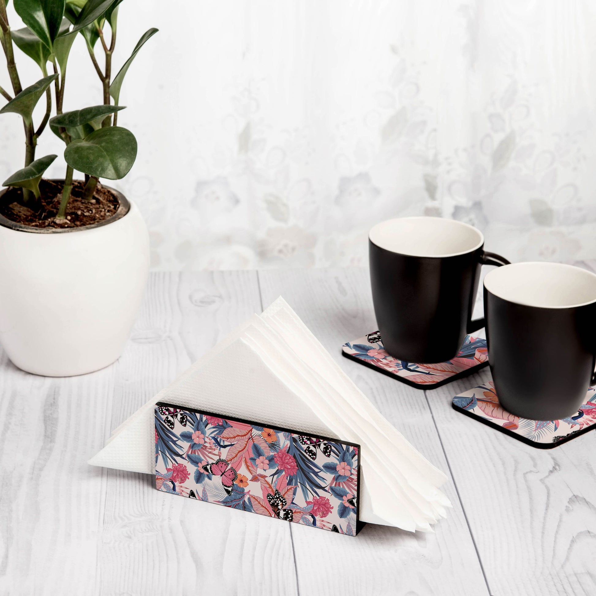 Grey Pink Butterflies Tissue Stand 1.5" x 5.5" x 2.5" - Lifestyle Image
